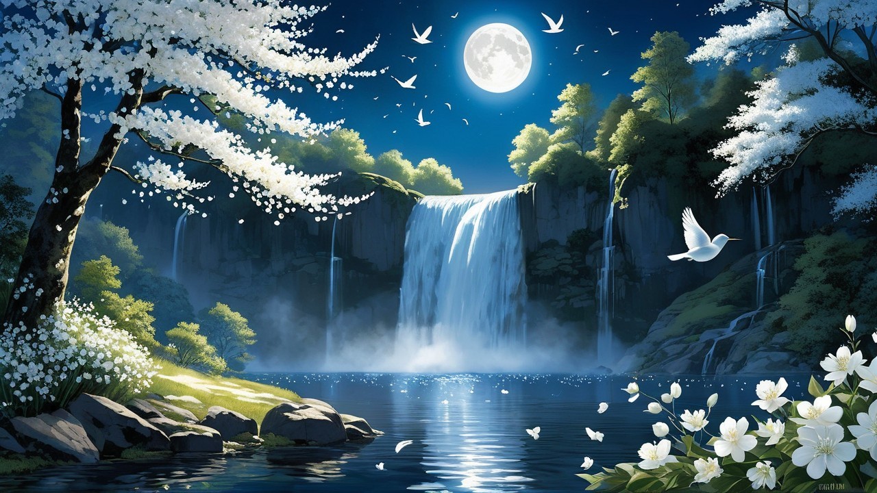 Majestic waterfall and tranquil pond at night