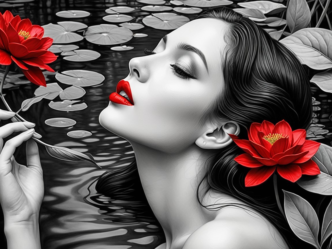 Black and White Portrait of a Woman in a Pond