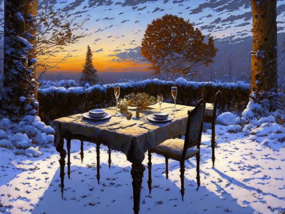 Elegant Dining Table on Snowy Outdoor Terrace