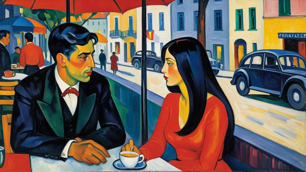 Vibrant café scene with elegantly dressed individuals