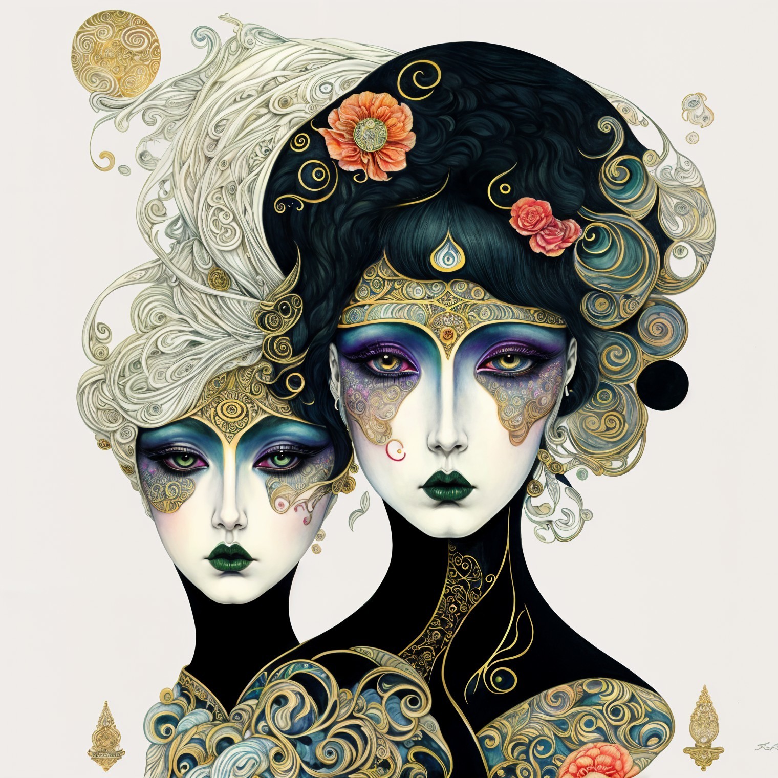 Ethereal Figures with Intricate Hairstyles and Patterns