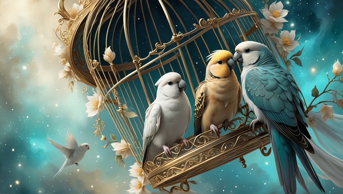 Ornate Golden Birdcage with Colorful Budgerigars