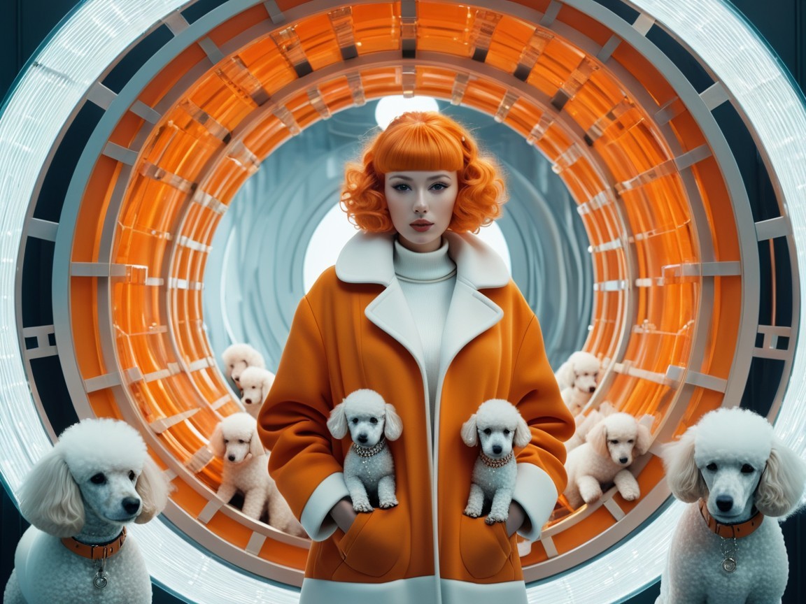 Woman in Orange Coat with Poodles in Futuristic Setting