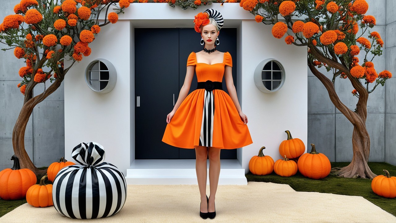 Vibrant Fashion Scene with Autumnal Elements