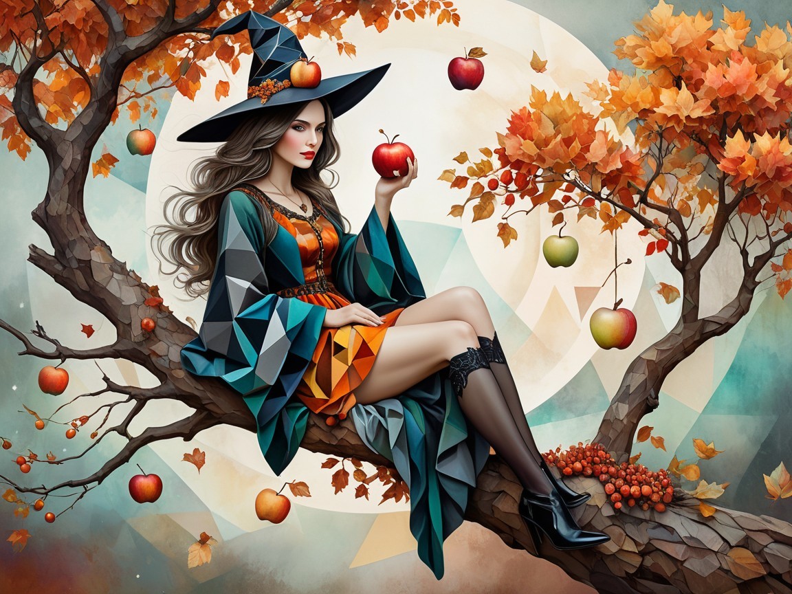 Mystical Witch on Tree Branch with Autumn Leaves