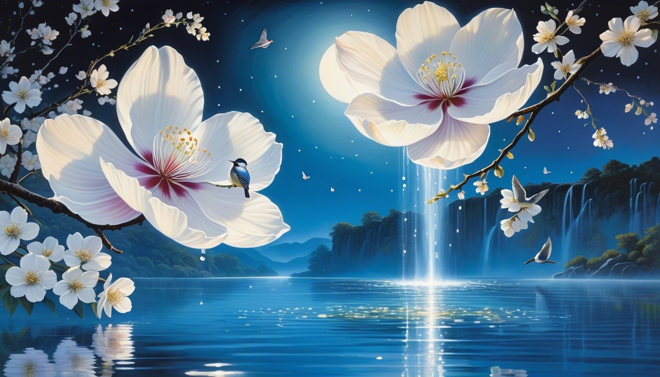 Luminous White Flowers by a Tranquil Lake at Night