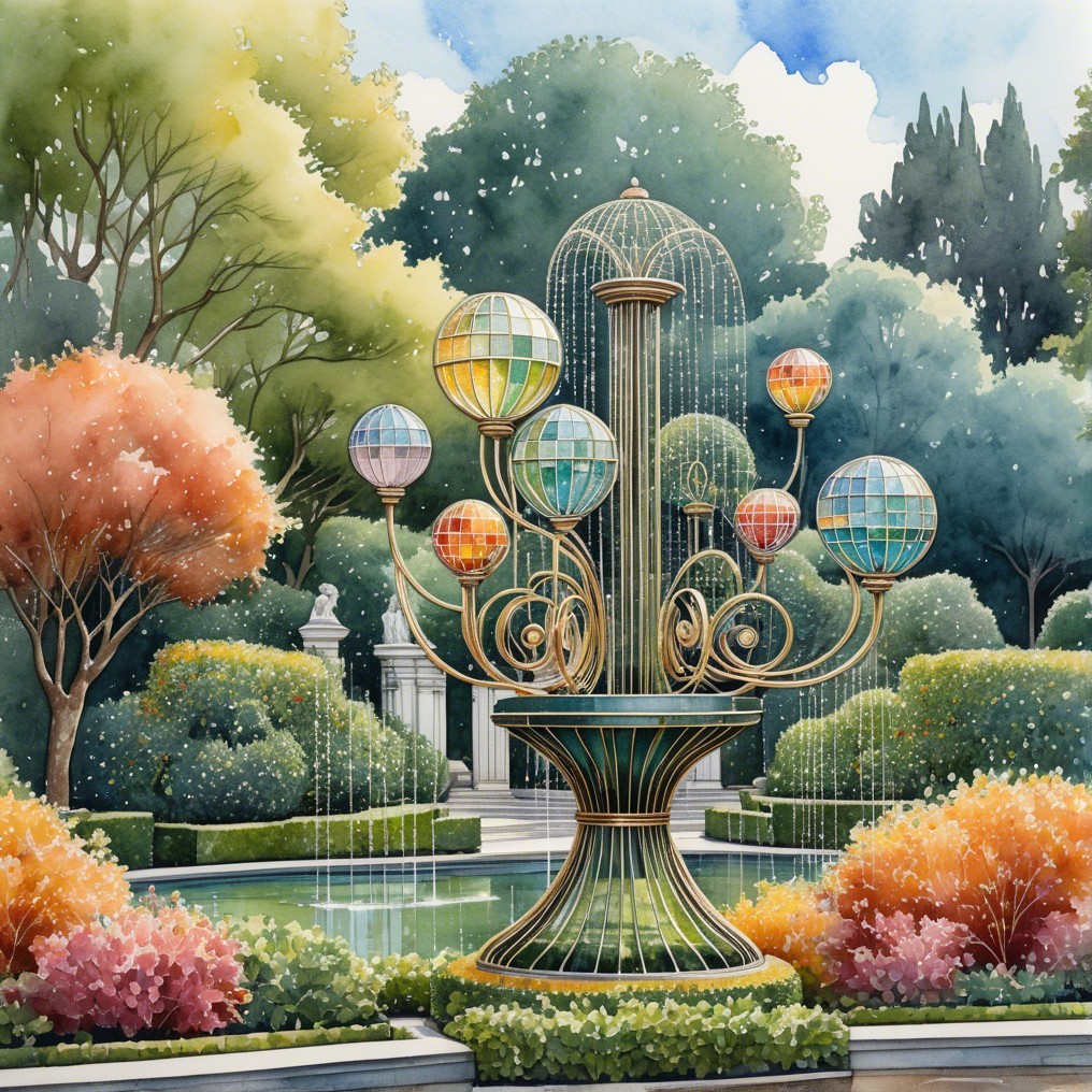 Elegant garden scene with fountain and colorful orbs
