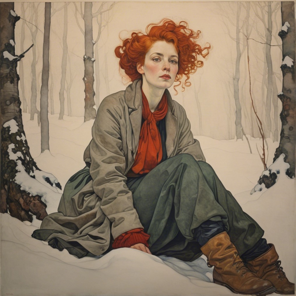 Young woman in snowy forest with red hair and rustic outfit