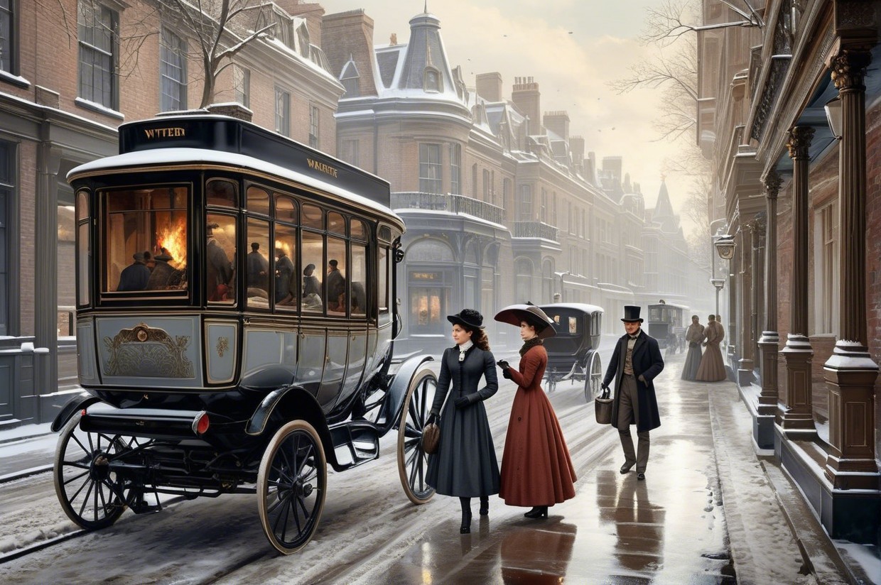 Snow-Covered Vintage Street with Horse-Drawn Carriage
