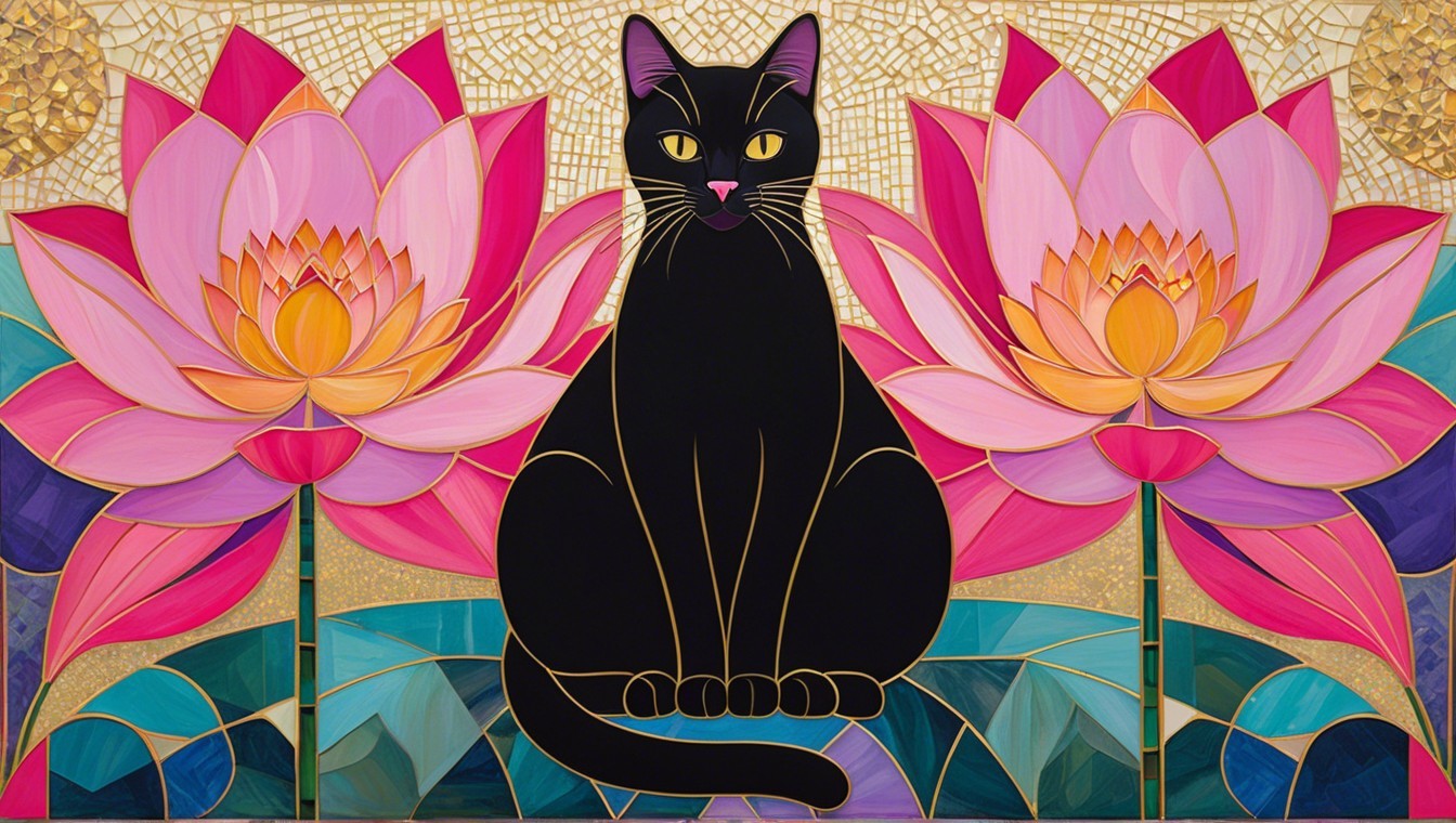 Black Cat Between Pink Lotus Flowers with Gold Accents