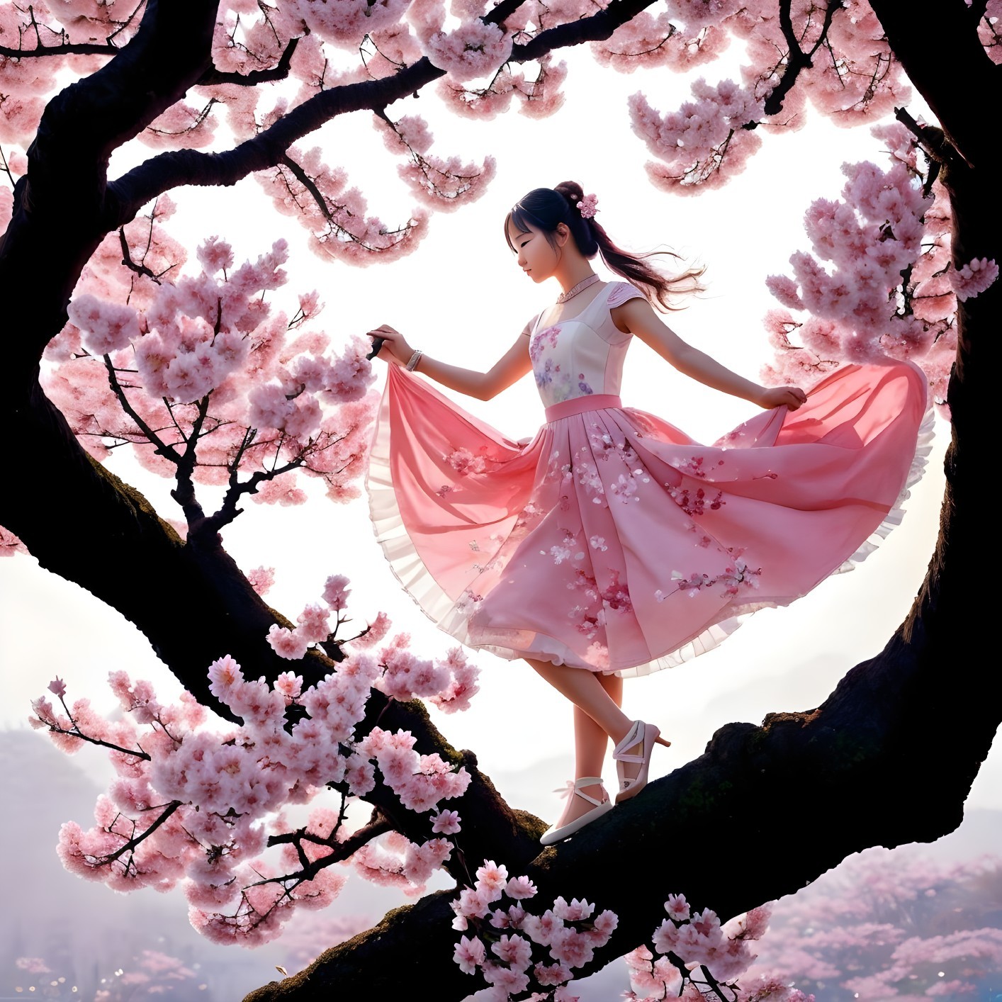 Woman in pink dress surrounded by cherry blossoms and trees.