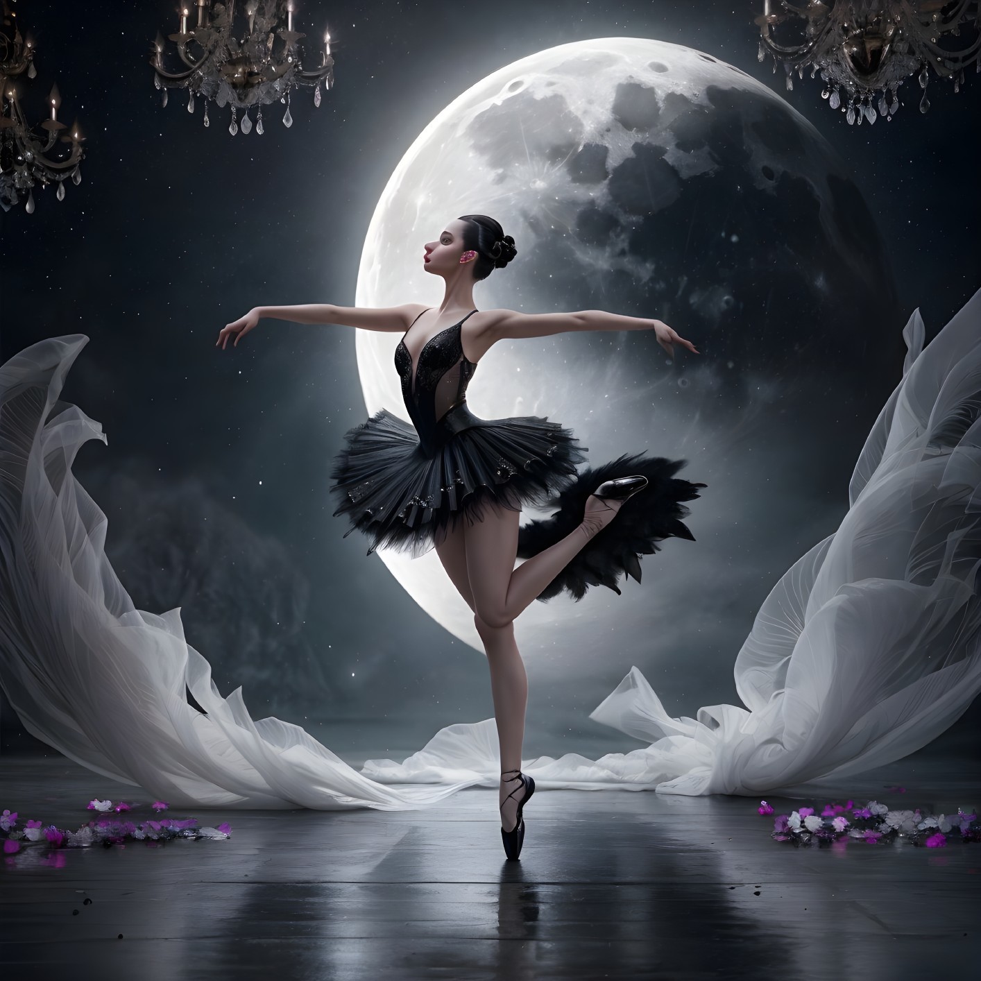 Ballerina in black tutu dances under chandeliers with full moon.