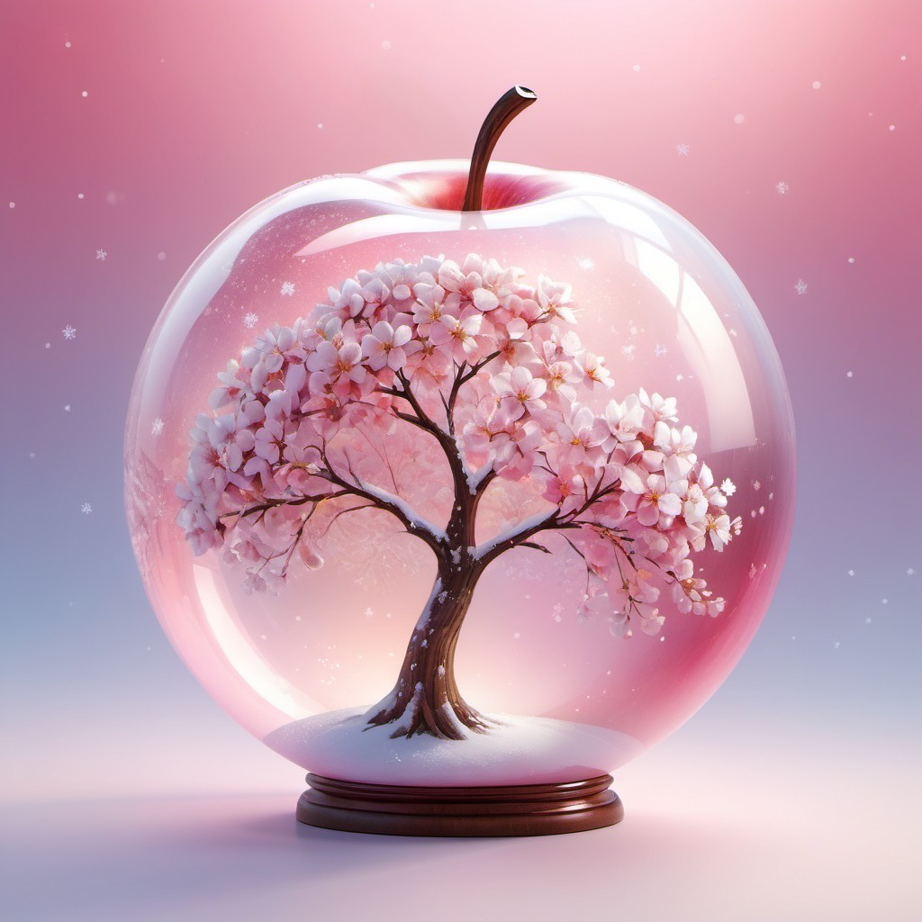 Cherry Blossom Tree in Apple-Shaped Dome on Pink Background