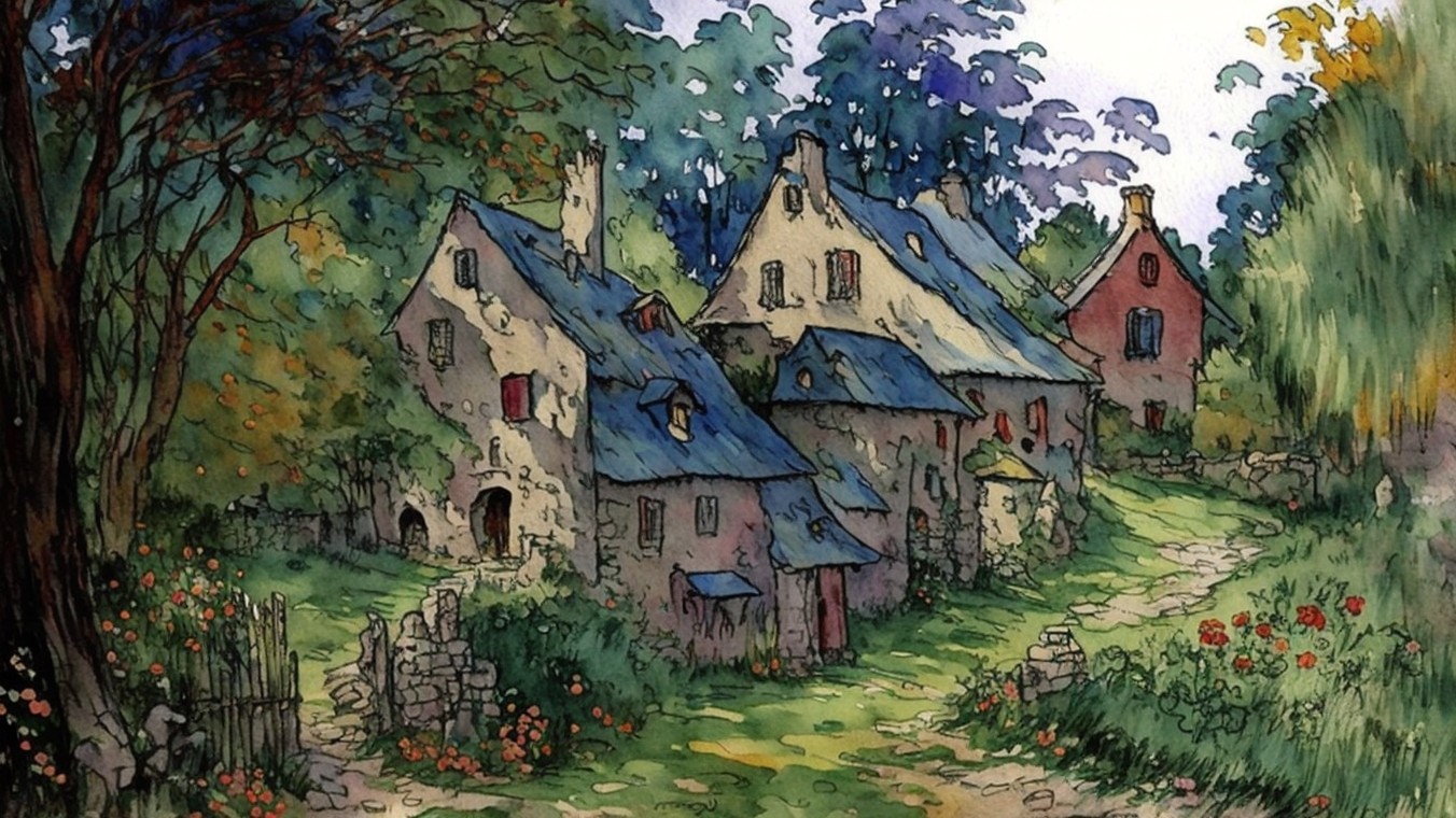 Whimsical Village Scene with Stone Cottages and Gardens