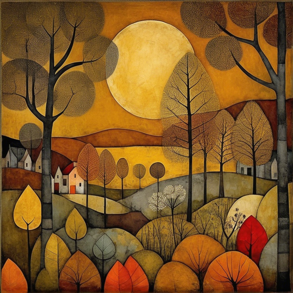 Stylized Autumn Landscape with Rolling Hills and Sunset