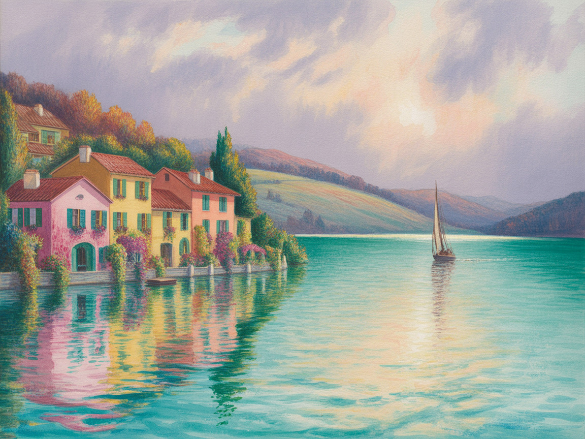 Pastel Villas by Serene Lakeside at Sunset