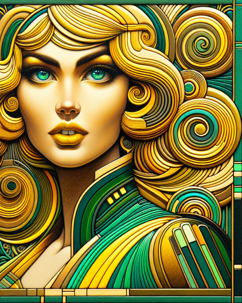 Stylized Woman with Golden Curls and Turquoise Eyes