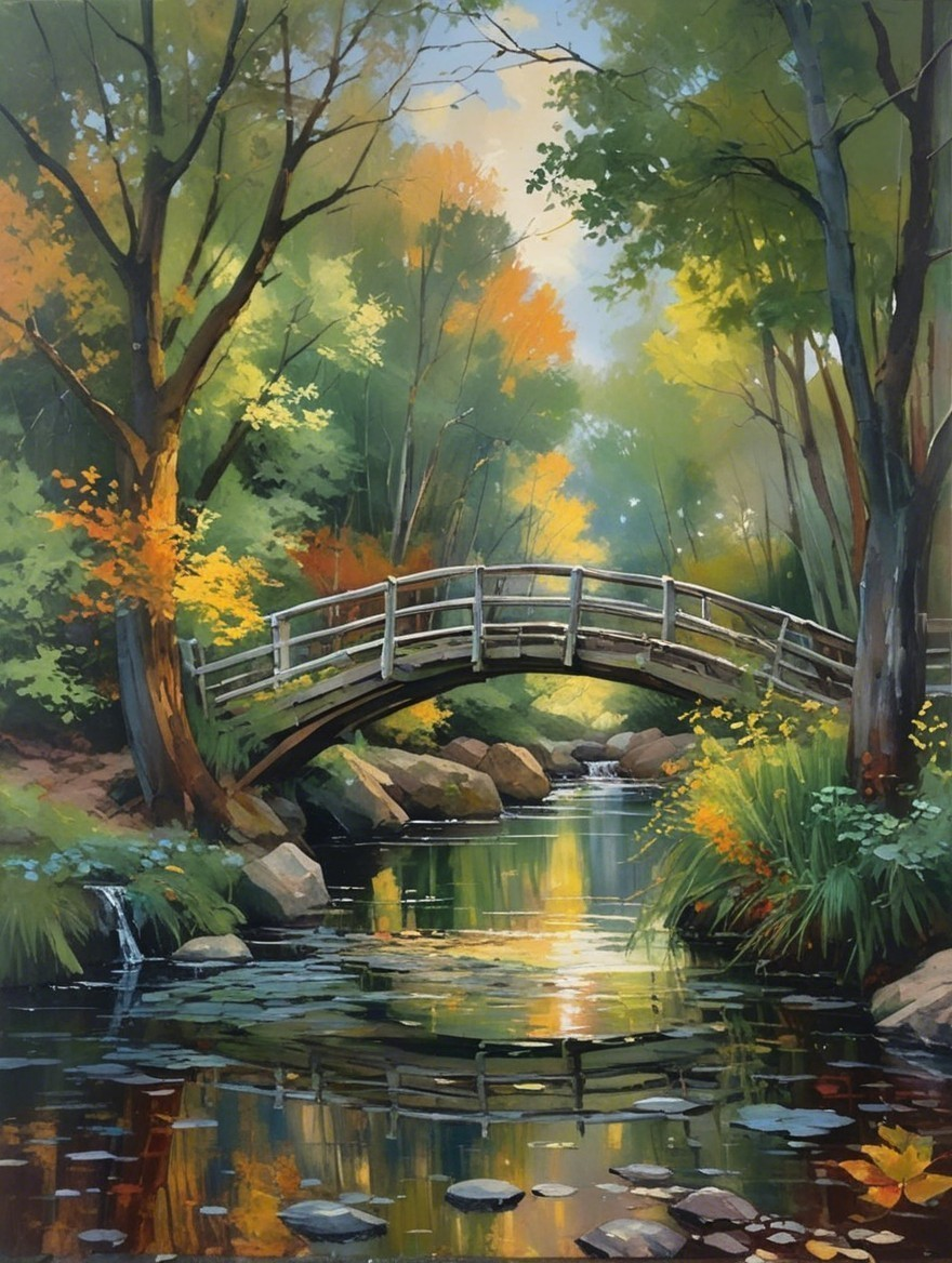 Serene Landscape with Wooden Bridge Over Tranquil Stream