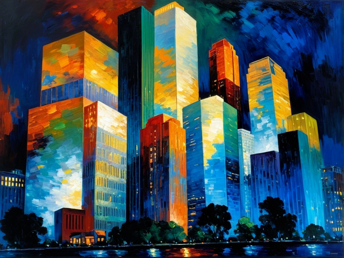 Vibrant Cityscape at Sunset with Skyscrapers and Nature