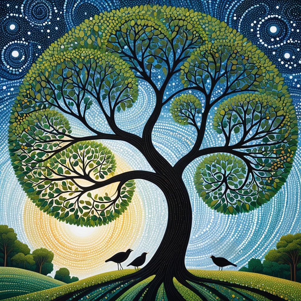 Vibrant Tree with Birds Against Blue and Yellow Sky