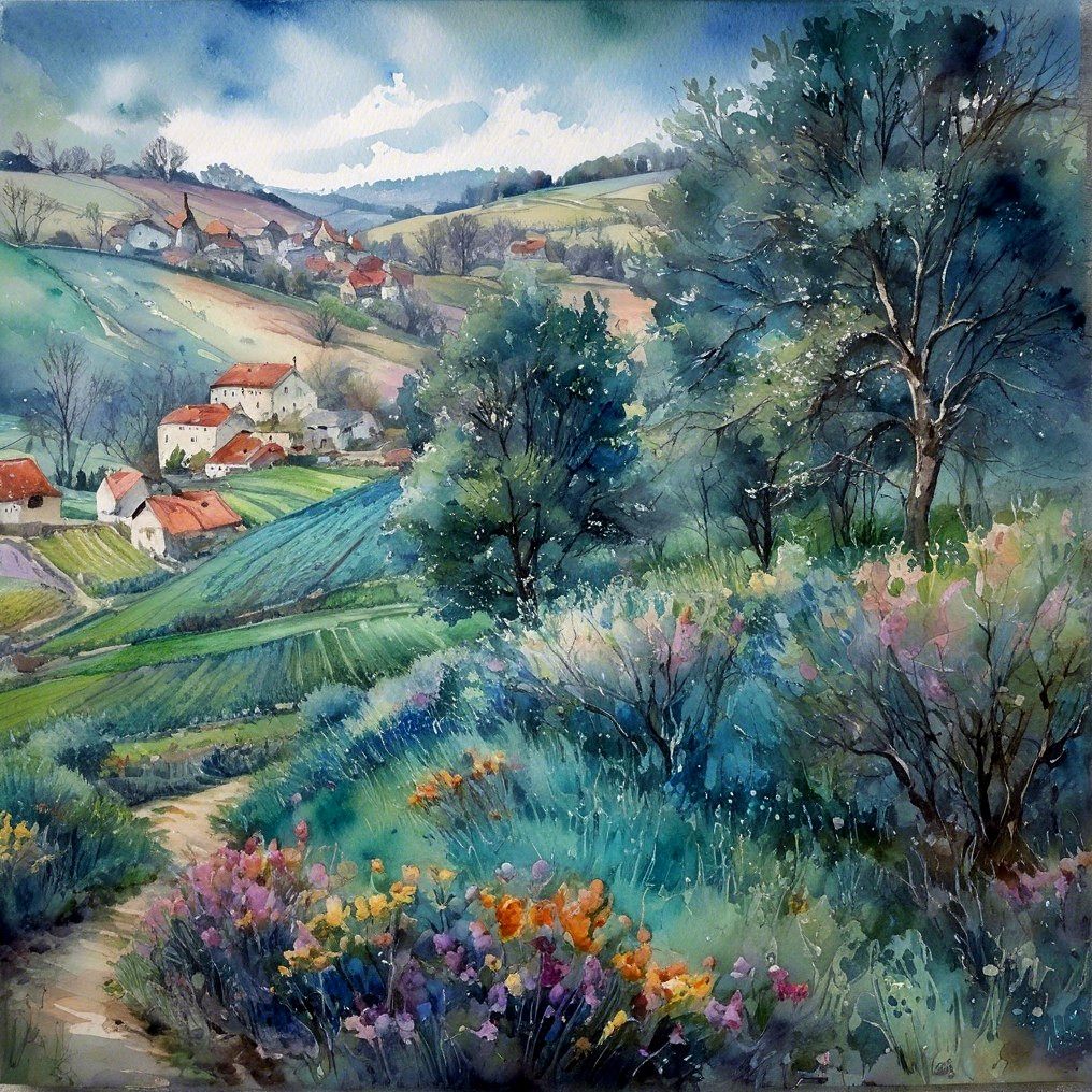Watercolor Landscape of Rolling Hills and Wildflowers