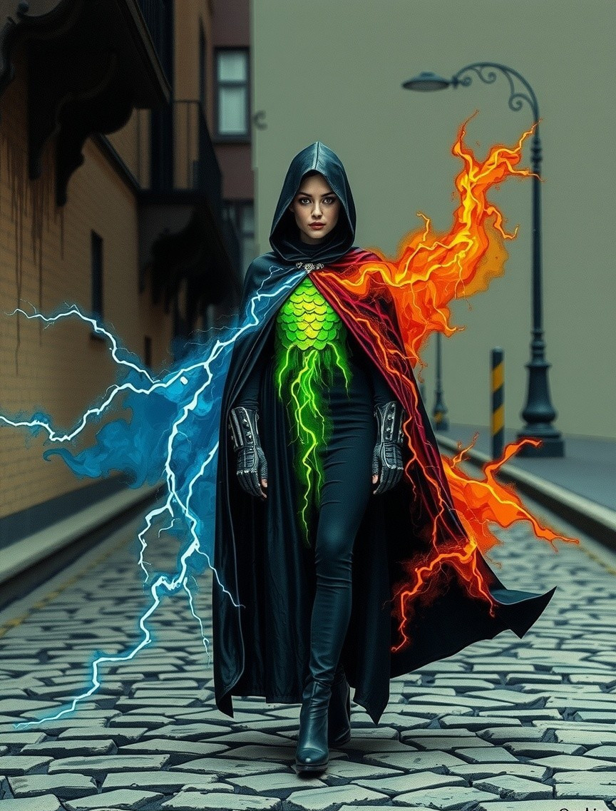 Mystical figure in a dark cloak on a cobblestone street