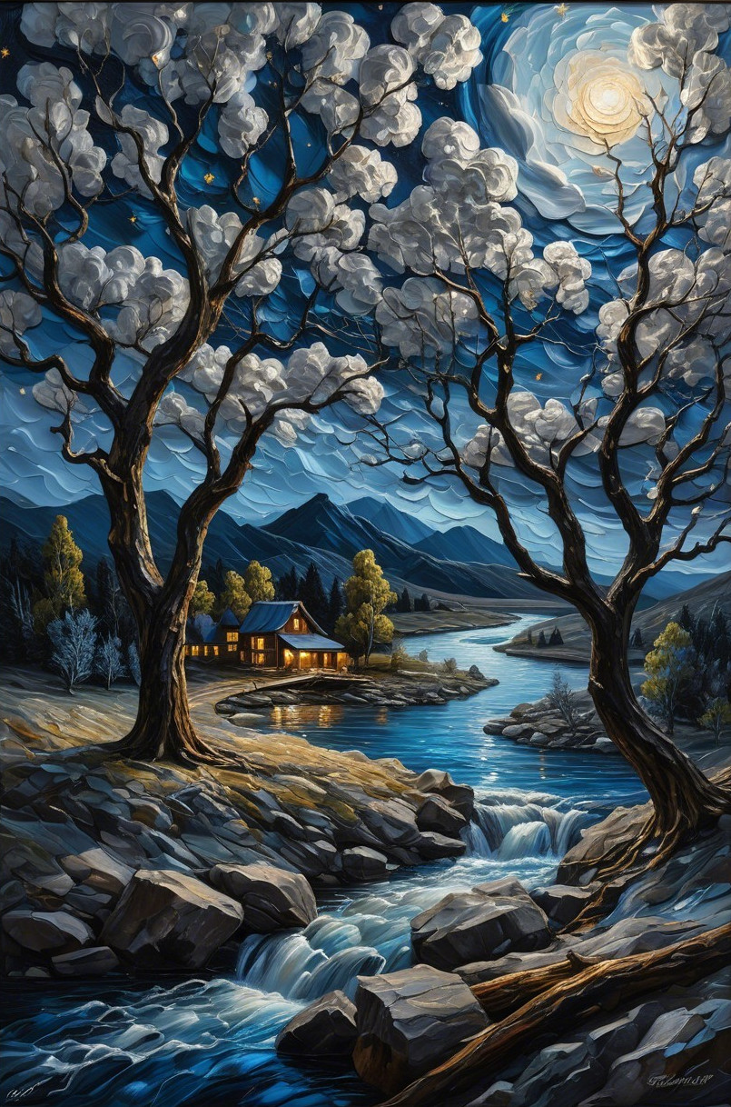Serene Night Landscape with Cozy Cabin by River