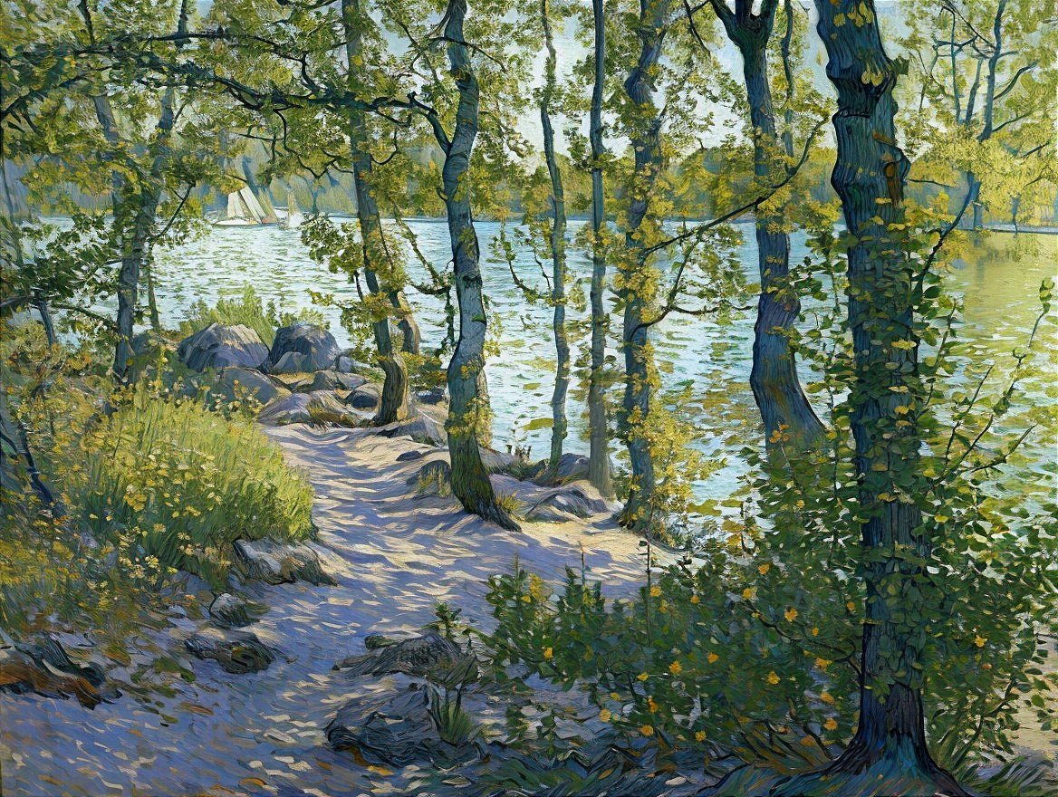 Tranquil Lakeside Scene with Trees and Sailboat