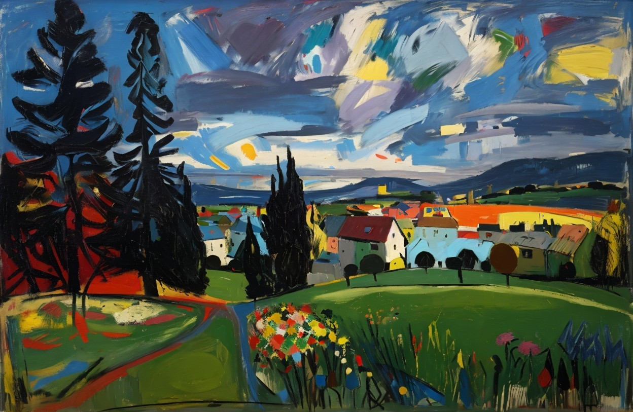 Vibrant Landscape with Green Hills and Colorful Village