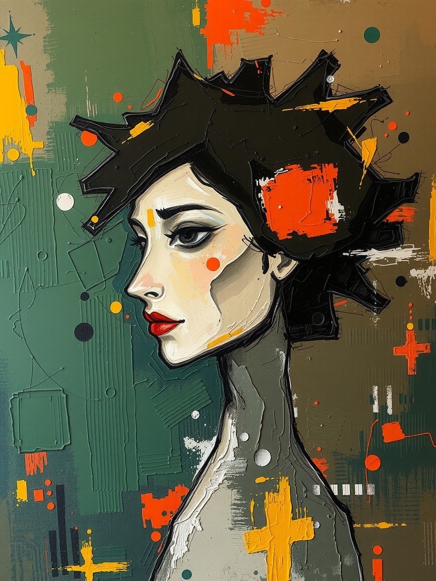 Stylized Portrait of a Woman with Bold Colors and Shapes