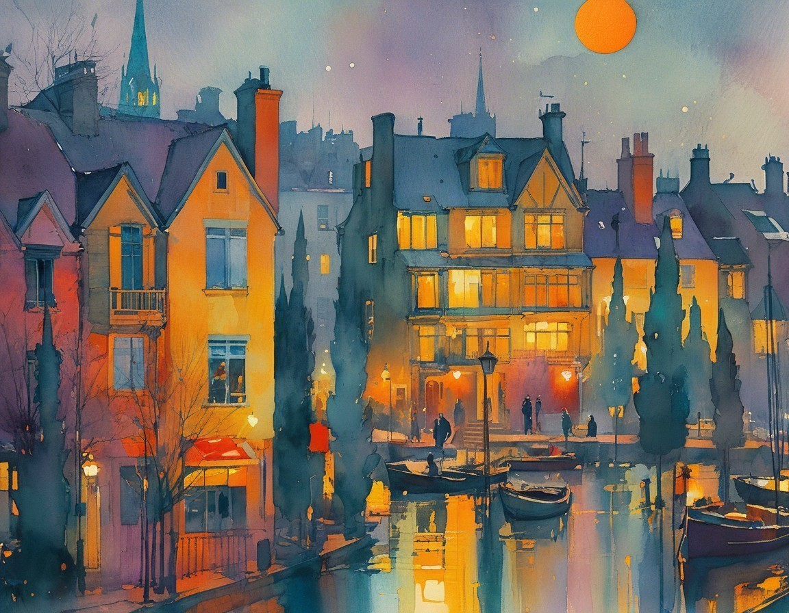 Tranquil Evening Scene by Riverside Houses at Sunset