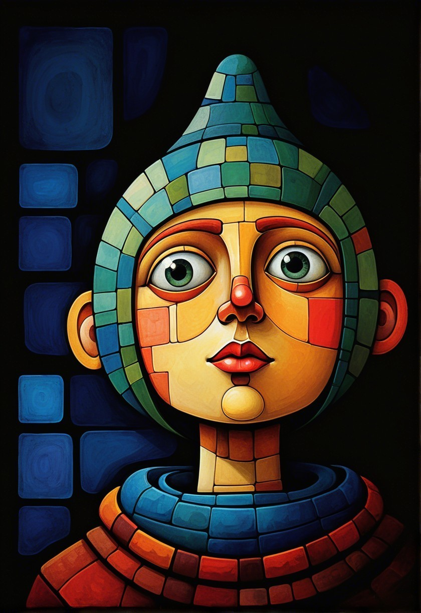 Stylized Cubist Character with Colorful Headpiece