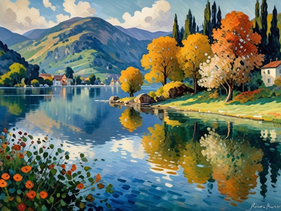 Vibrant Landscape with Serene Lake and Autumn Foliage