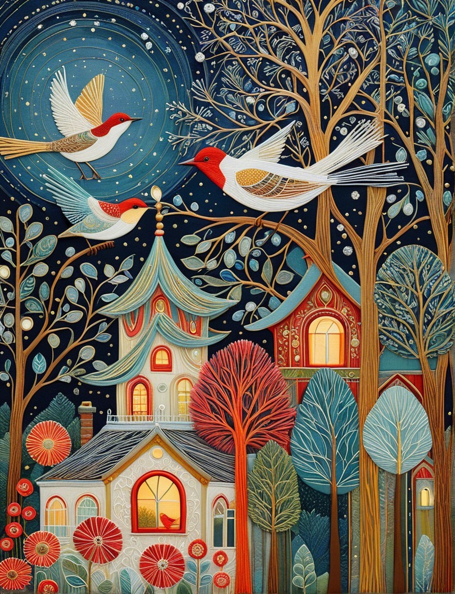 Intricate Paper Filigree Illustration of Night Scene