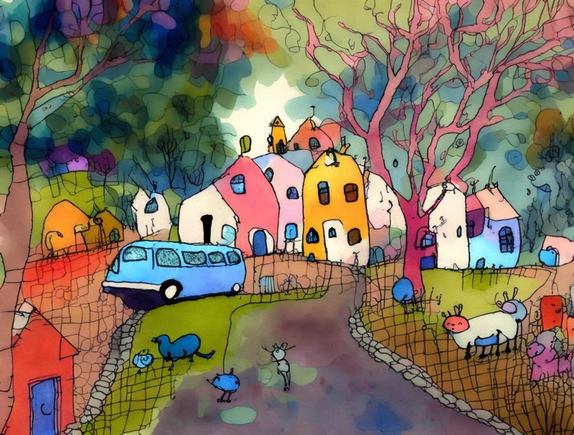 Colorful Village Scene with Houses and Playful Animals