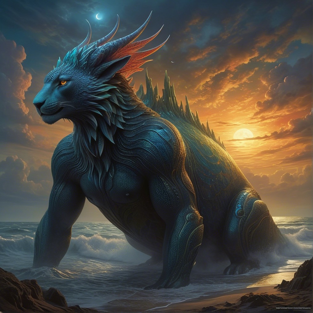 Majestic Sea Creature with Lion-Like Face at Sunset