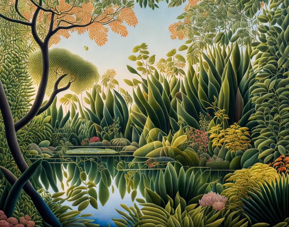 Lush Landscape with Diverse Plants and Serene Pond