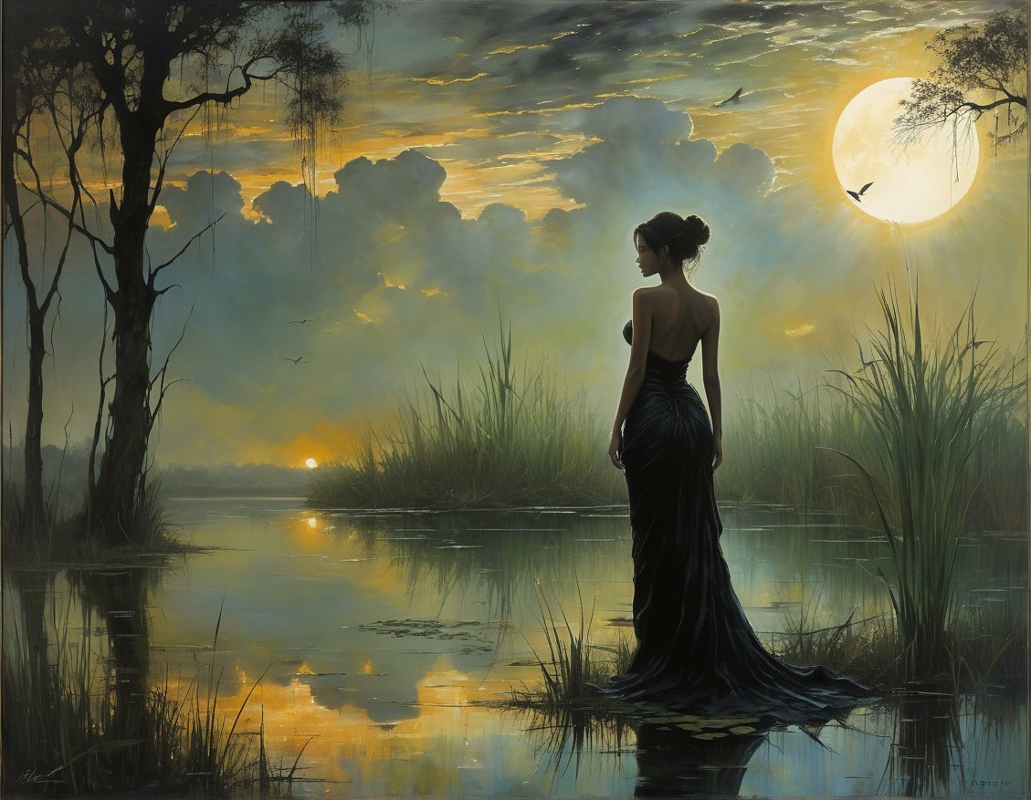 Twilight Landscape with Woman in Black Gown by Water