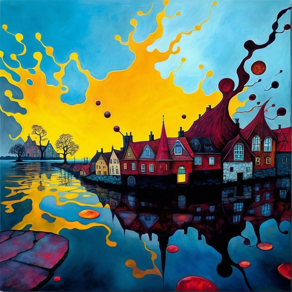 Surreal Painting of Whimsical Village and Reflection
