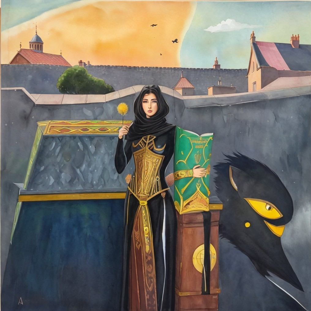 Woman in Black Cloak with Dandelion and Shield