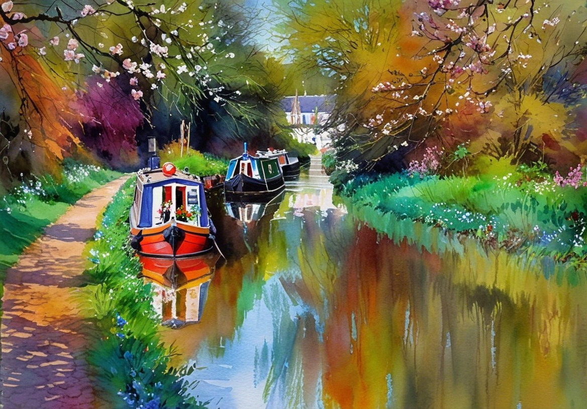 Colorful Narrowboats Moored by a Serene Canal Scene