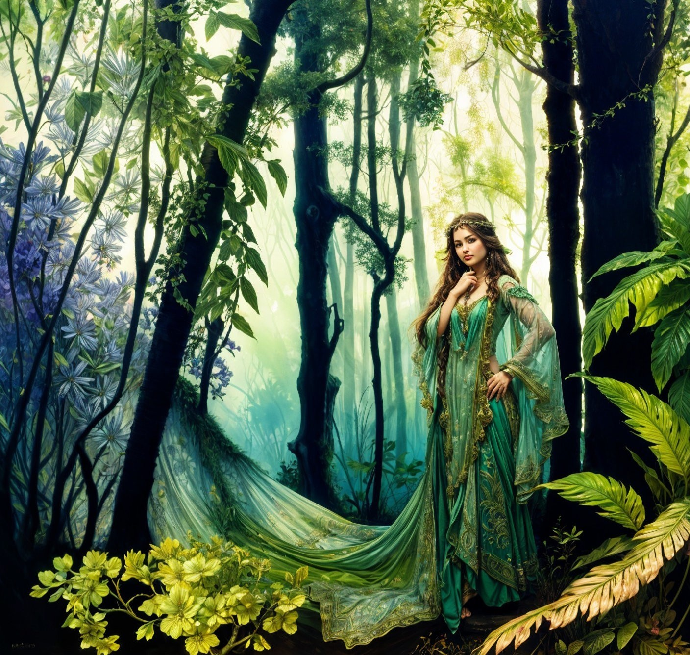 Graceful figure in green gown in mystical forest setting