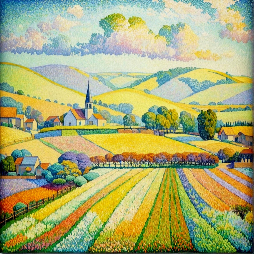 Vibrant Landscape of Rolling Hills and Colorful Fields