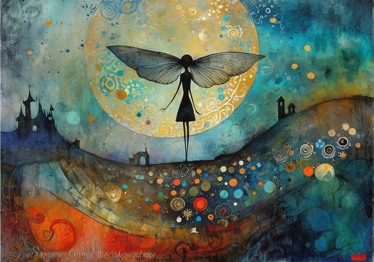 Whimsical Silhouette with Wings in Abstract Landscape