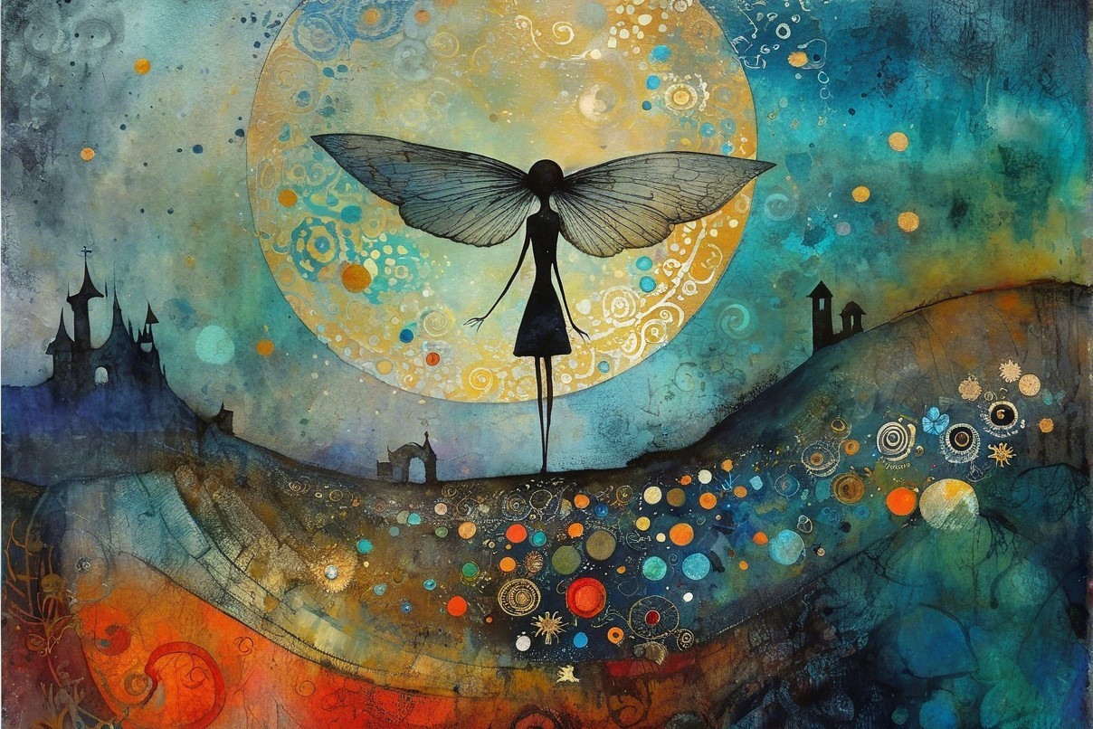 Whimsical Silhouette with Wings in Abstract Landscape