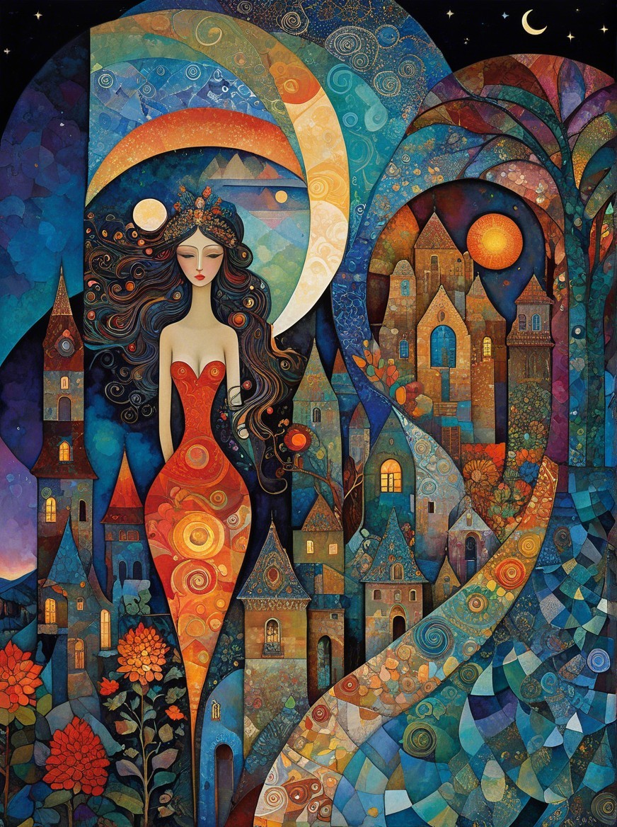 Dreamlike Scene of Woman in Red Dress and Whimsical Landscape