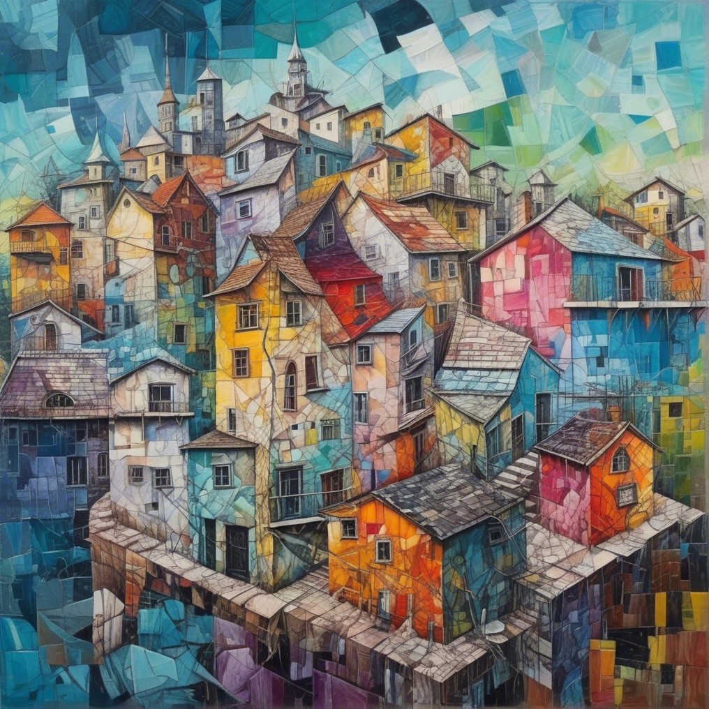 Cubist Artwork of Colorful Houses on a Hillside
