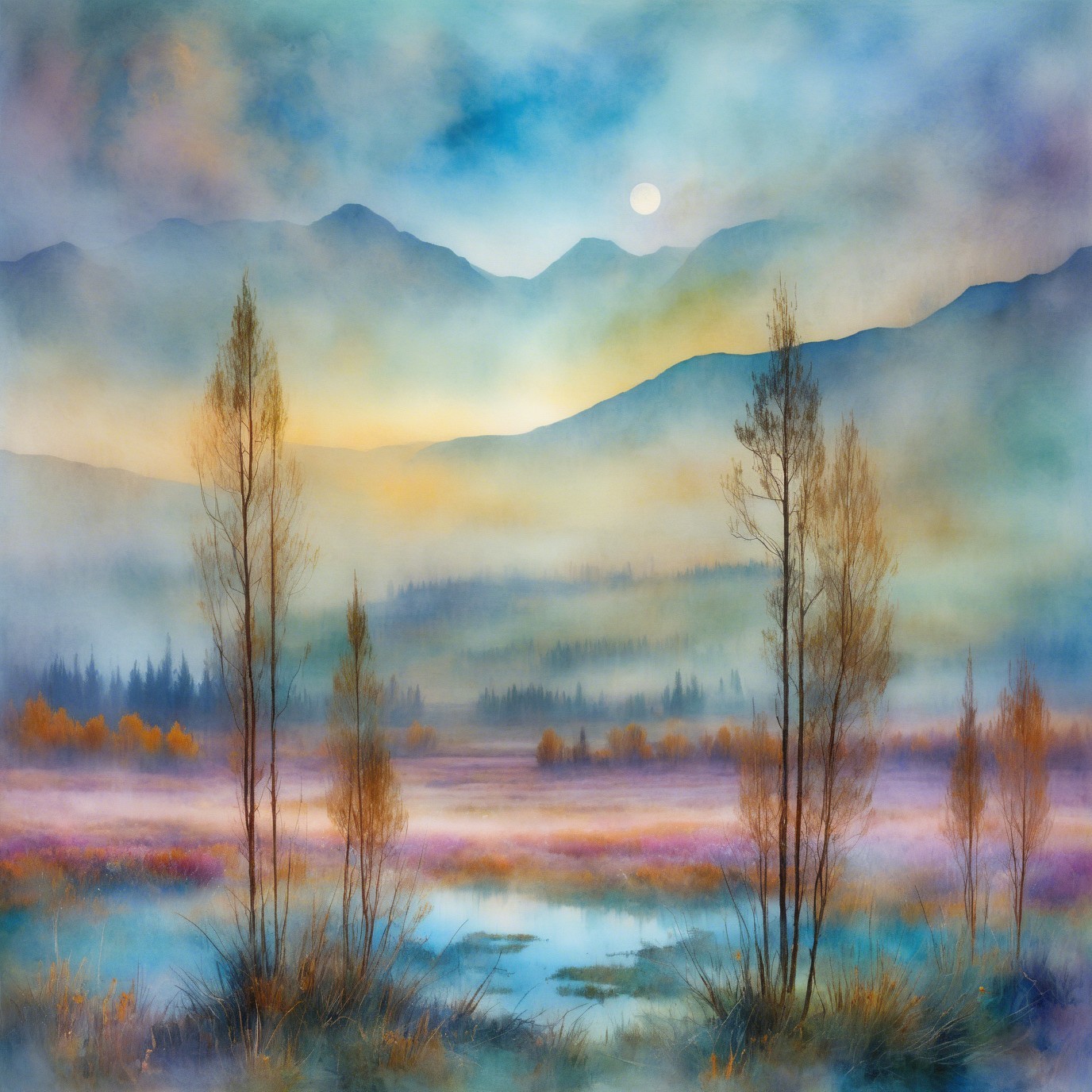 Impressionistic Watercolor of Mountain Landscape at Sunrise