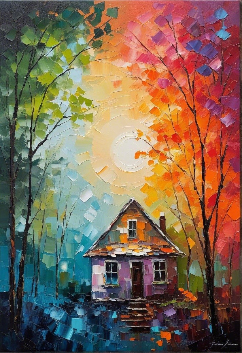 Vibrant Landscape with Cozy House and Colorful Sky