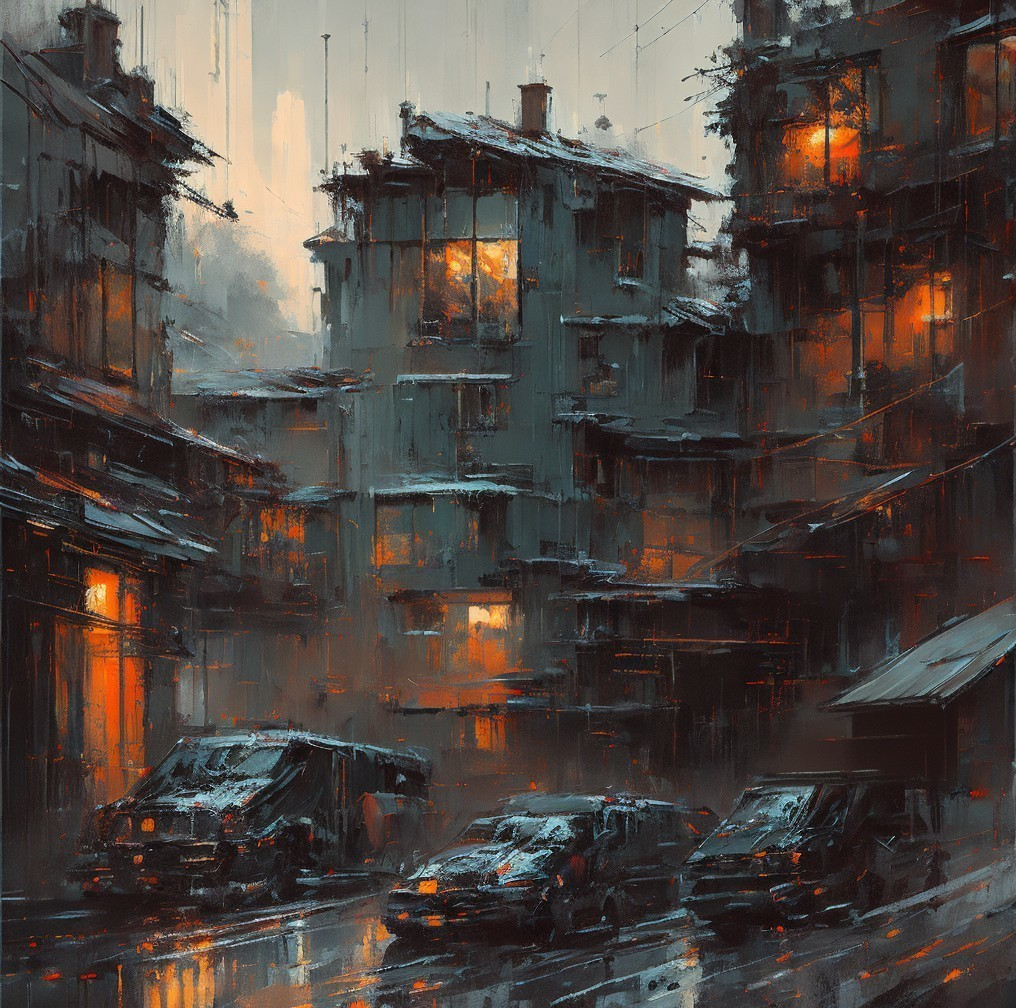 Rain-Soaked Urban Scene with Dimly Lit Buildings